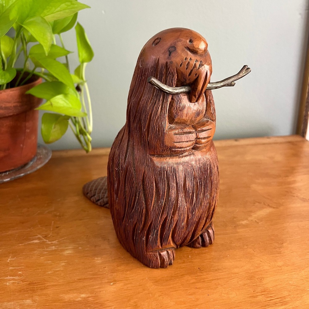 Vintage Hand Carved Wooden Beaver Sculptire Brass Twig Sarried LTD Spain MCM